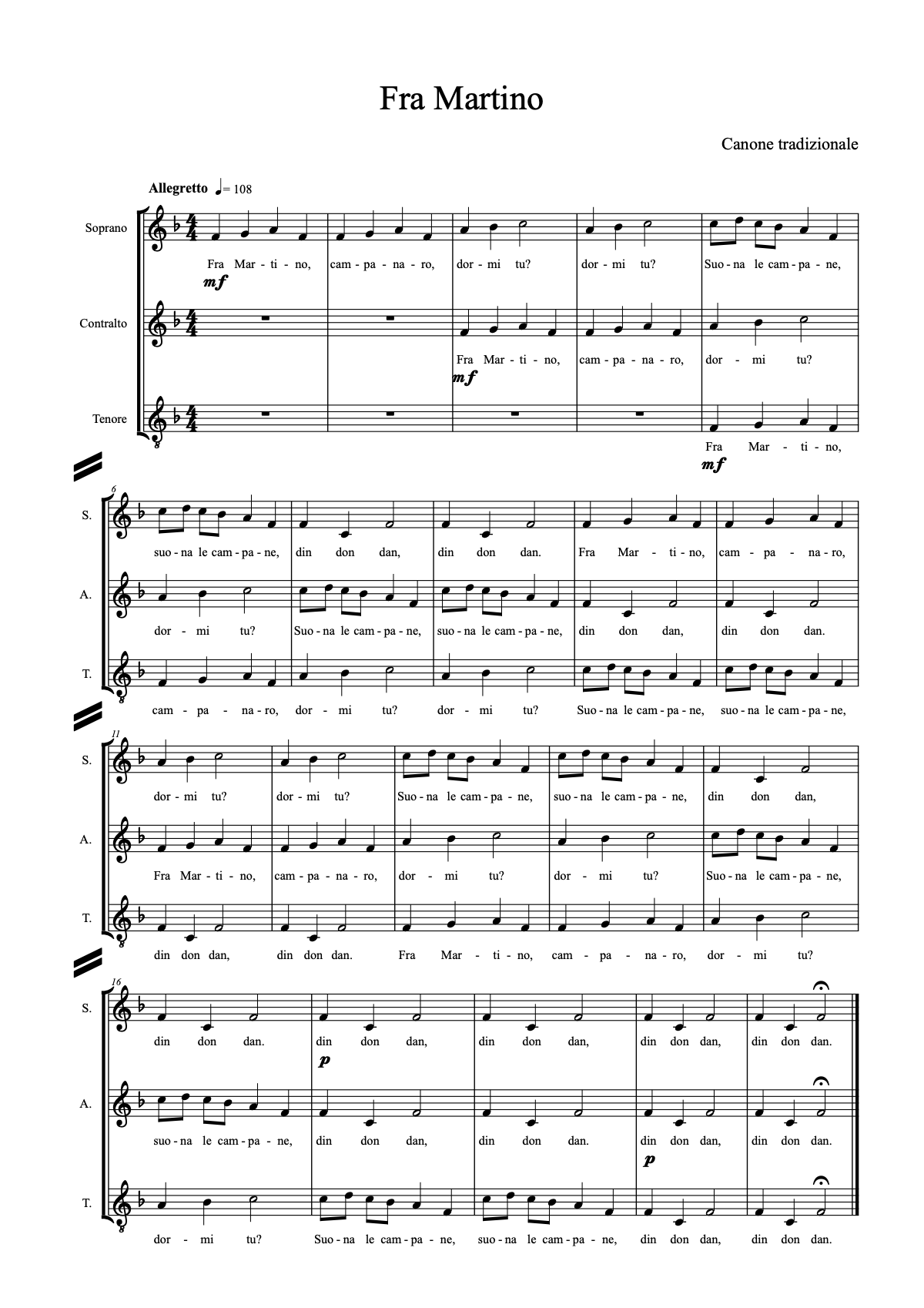 First page of the score of Fra Martino