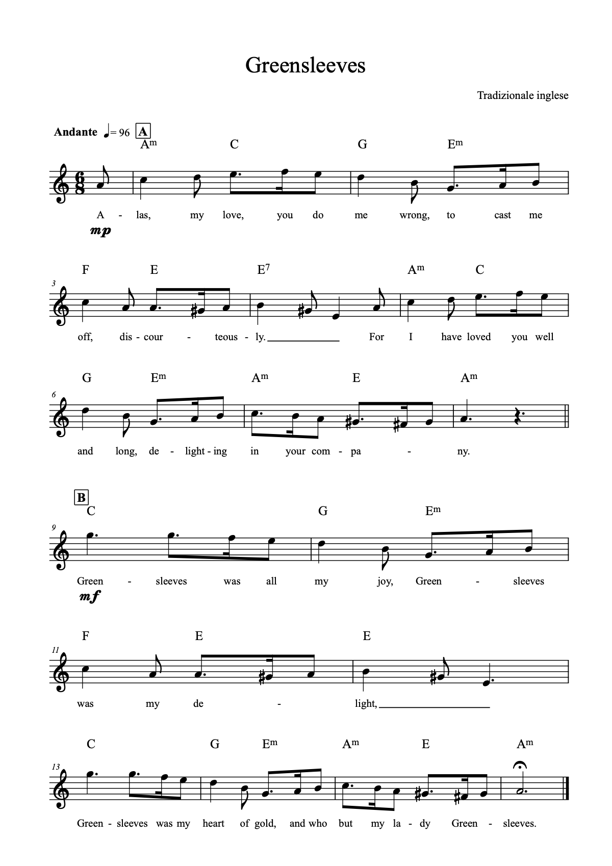 First page of the score of Greensleeves