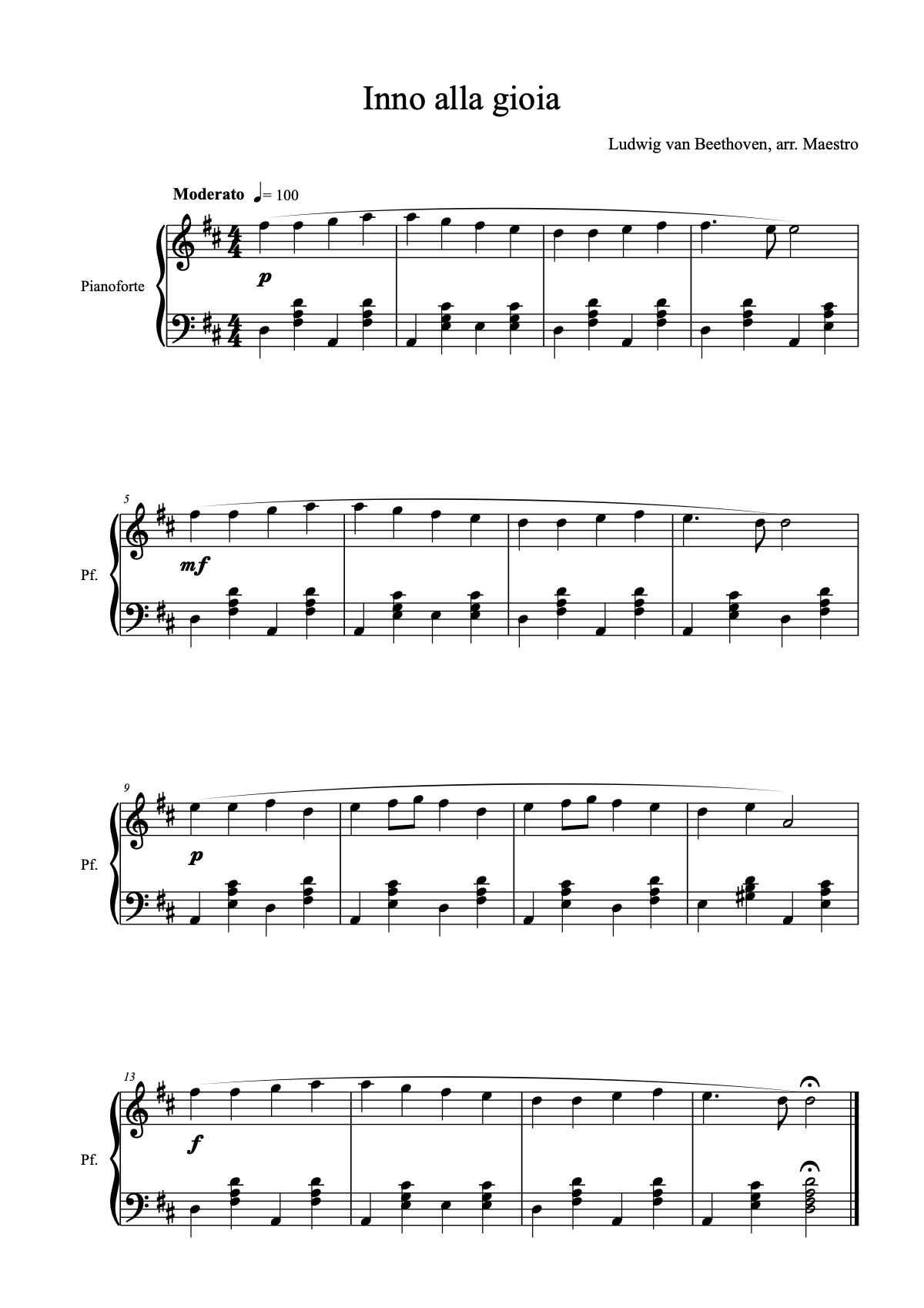 First page of the score of Inno alla gioia