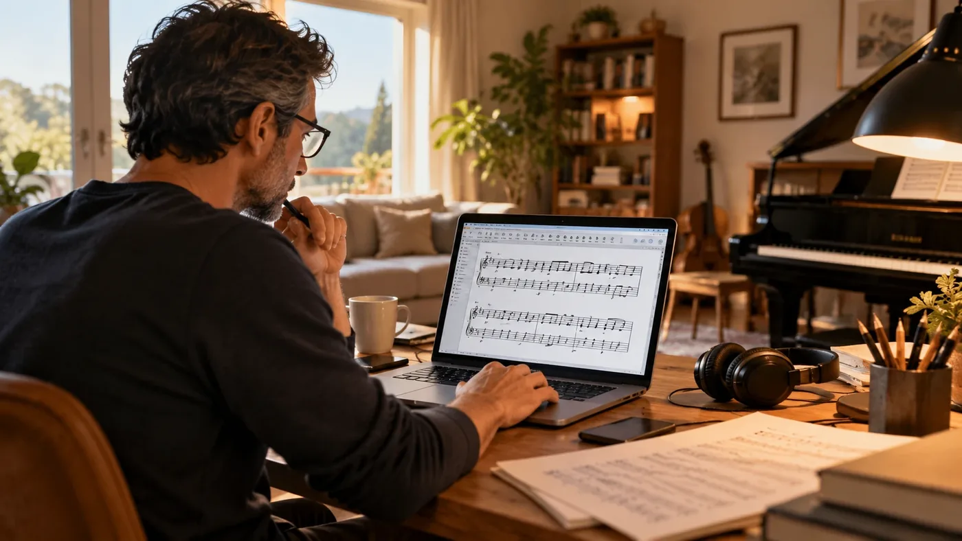 Un uomo che scrive una partitura al portatile nel suo soggiorno, con un pianoforte a coda accanto
