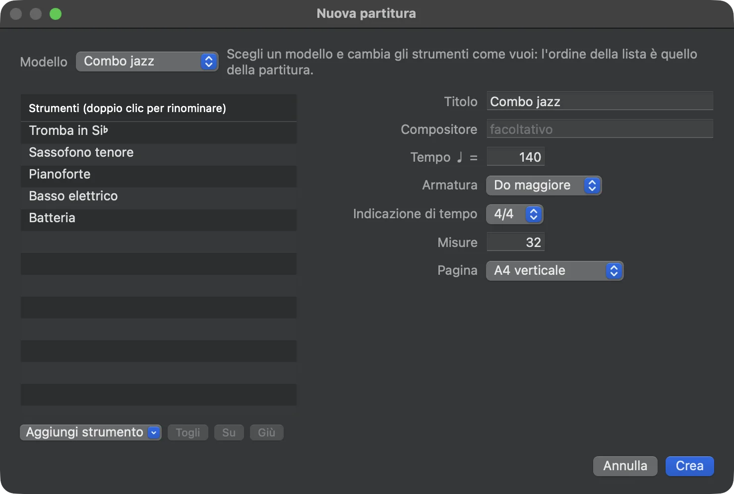 La finestra Nuova partitura di Maestro con il modello Combo jazz
