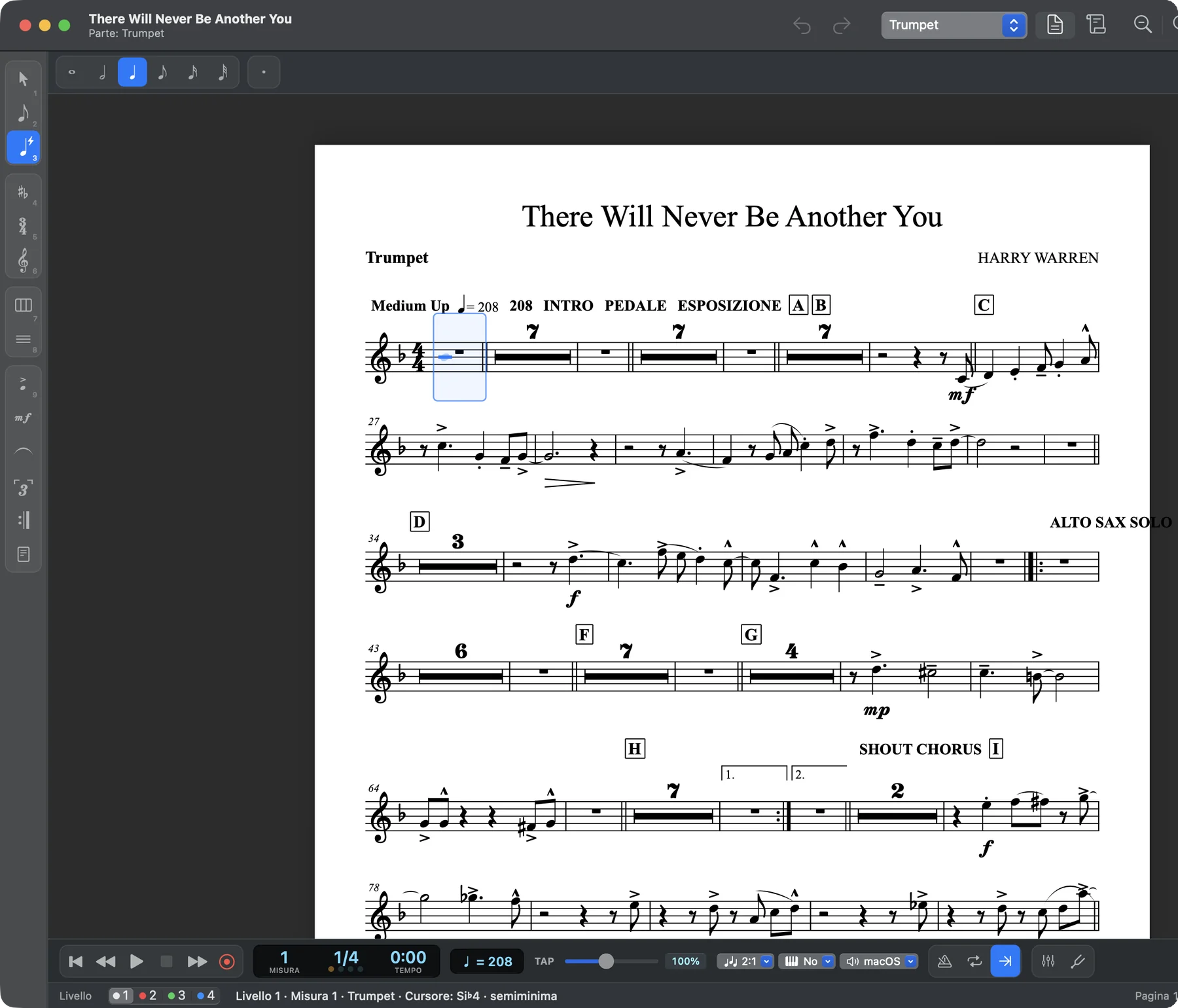 La parte della tromba di There Will Never Be Another You in Maestro, con pause multiple e lettere di prova
