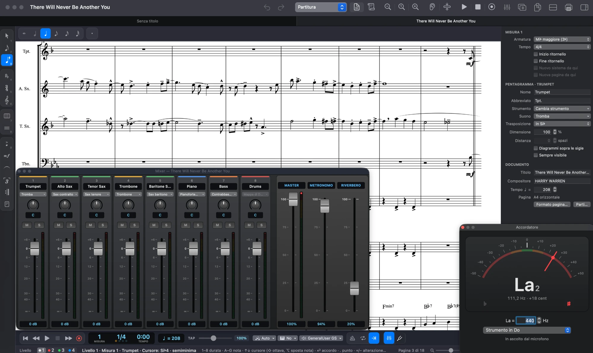 Maestro con la partitura per big band di There Will Never Be Another You, il mixer e l’accordatore